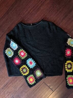 Alya Black Upcycled Crochet Crewneck Sweater with Multicolor Sleeve Accents